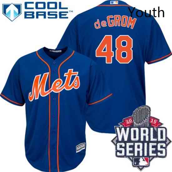 Youth Majestic New York Mets 48 Jacob DeGrom Authentic Royal Blue Alternate Home Cool Base 2015 World Series MLB Jersey